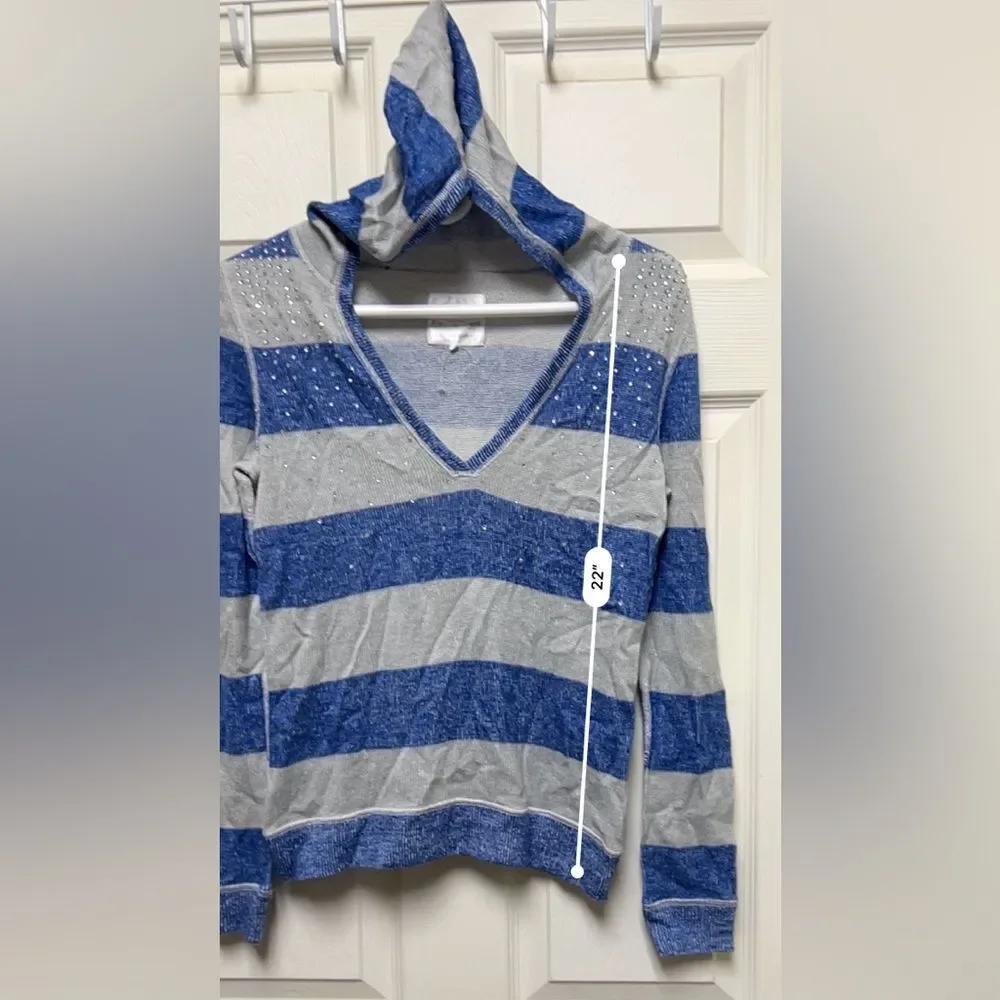 Justice‎ Girls Blue Gray Striped Rhinestone V-Neck Hoodie Sweater Size 14